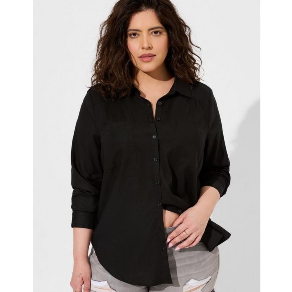 Torrid Madison Linen Button Up Long Sleeve Shirt Black
